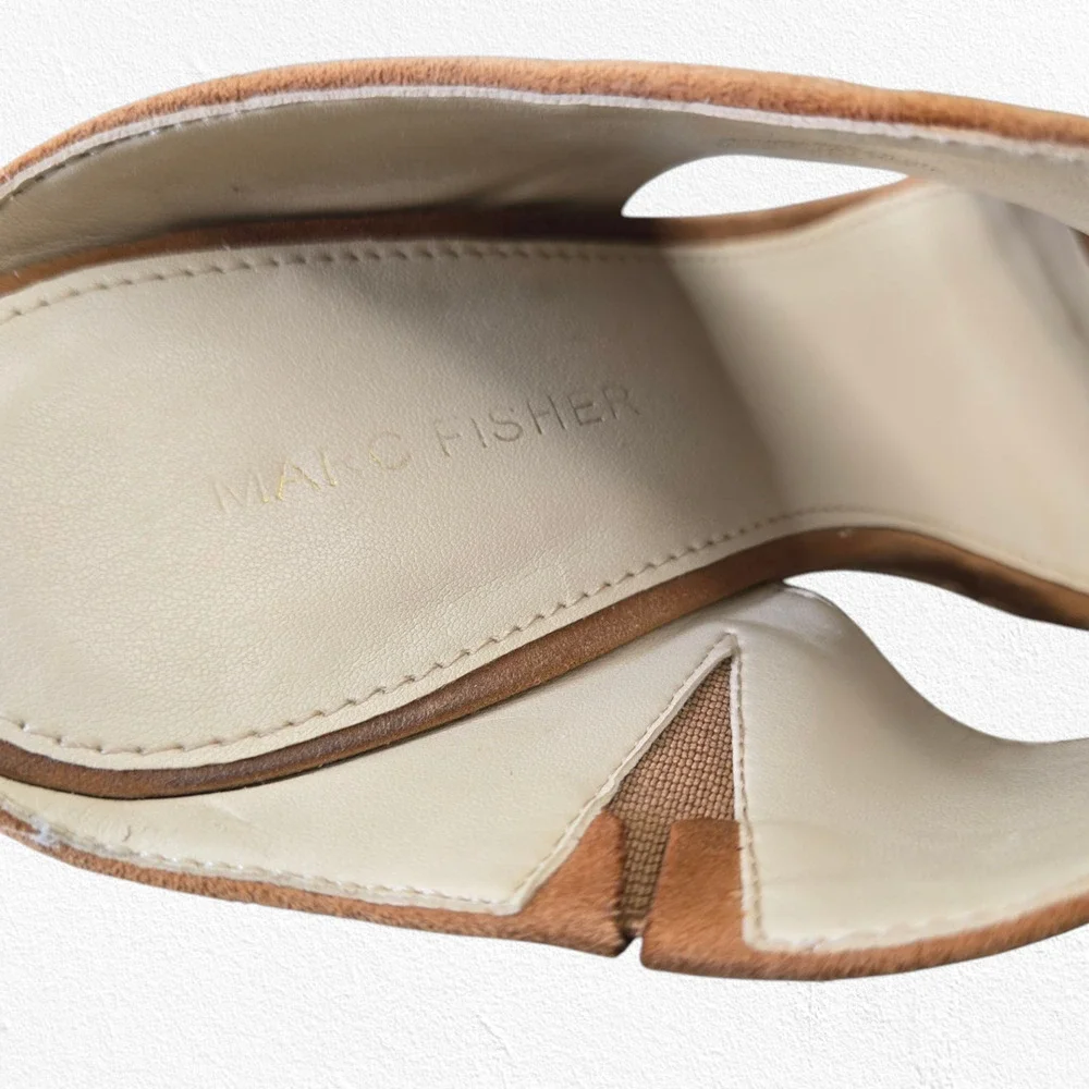 Marc Fisher Shelbee Tan Tawny Suede Slip On Cork Wedge Platform Sandals Size 7.5
